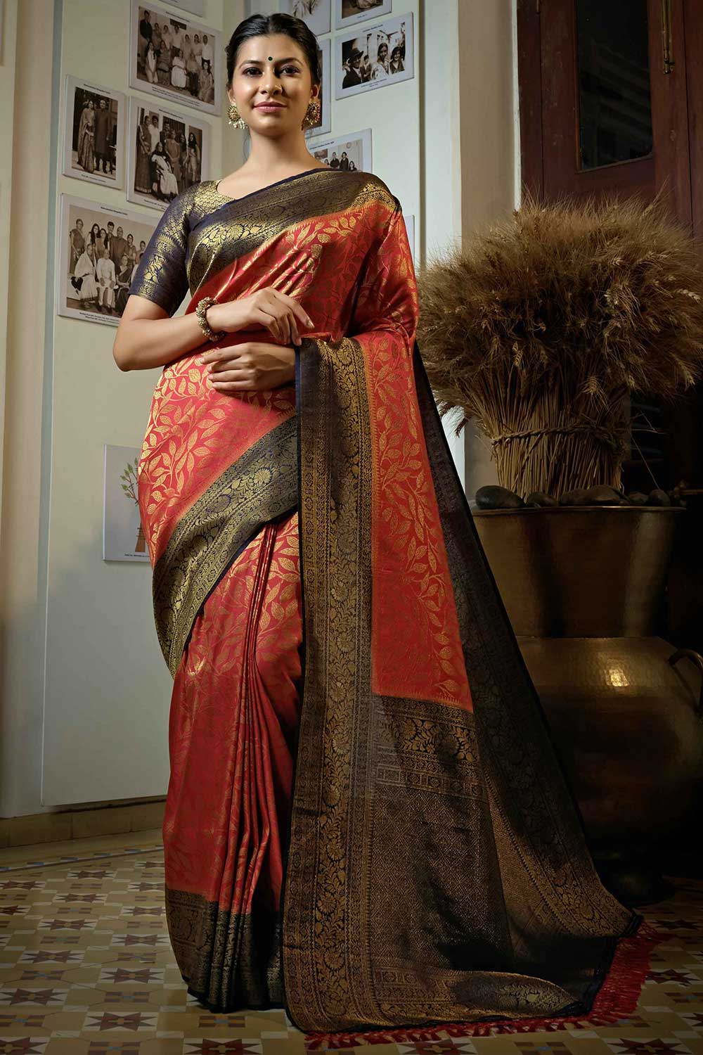 Peach Art Silk Woven Saree