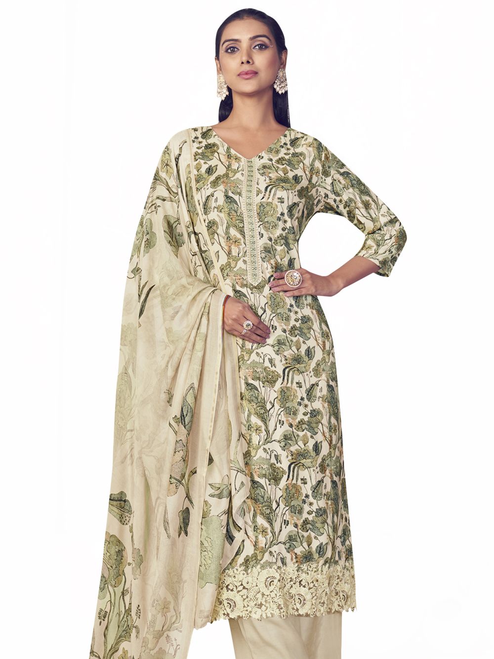 Cream Pure Pashmina Digital Printed Dress Material