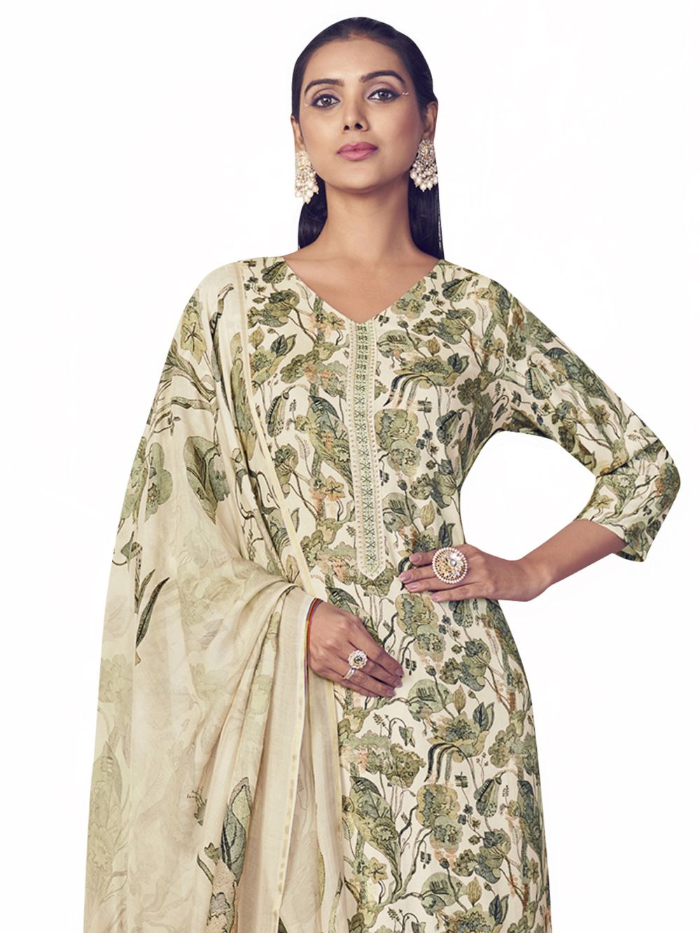 Cream Pure Pashmina Digital Printed Dress Material