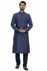 Men's Navy Blue Cotton Embroidered Full Sleeve Kurta Churidar