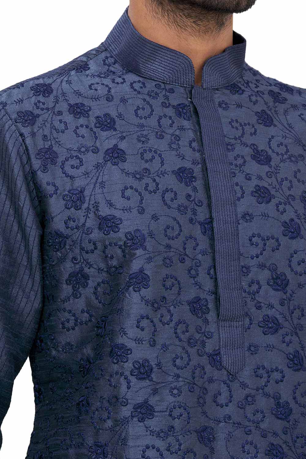 Men's Navy Blue Cotton Embroidered Full Sleeve Kurta Churidar