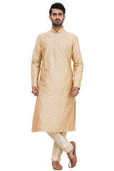 Men's Gold Silk Embroidered Full Sleeve Kurta Churidar