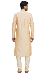 Men's Gold Silk Embroidered Full Sleeve Kurta Churidar