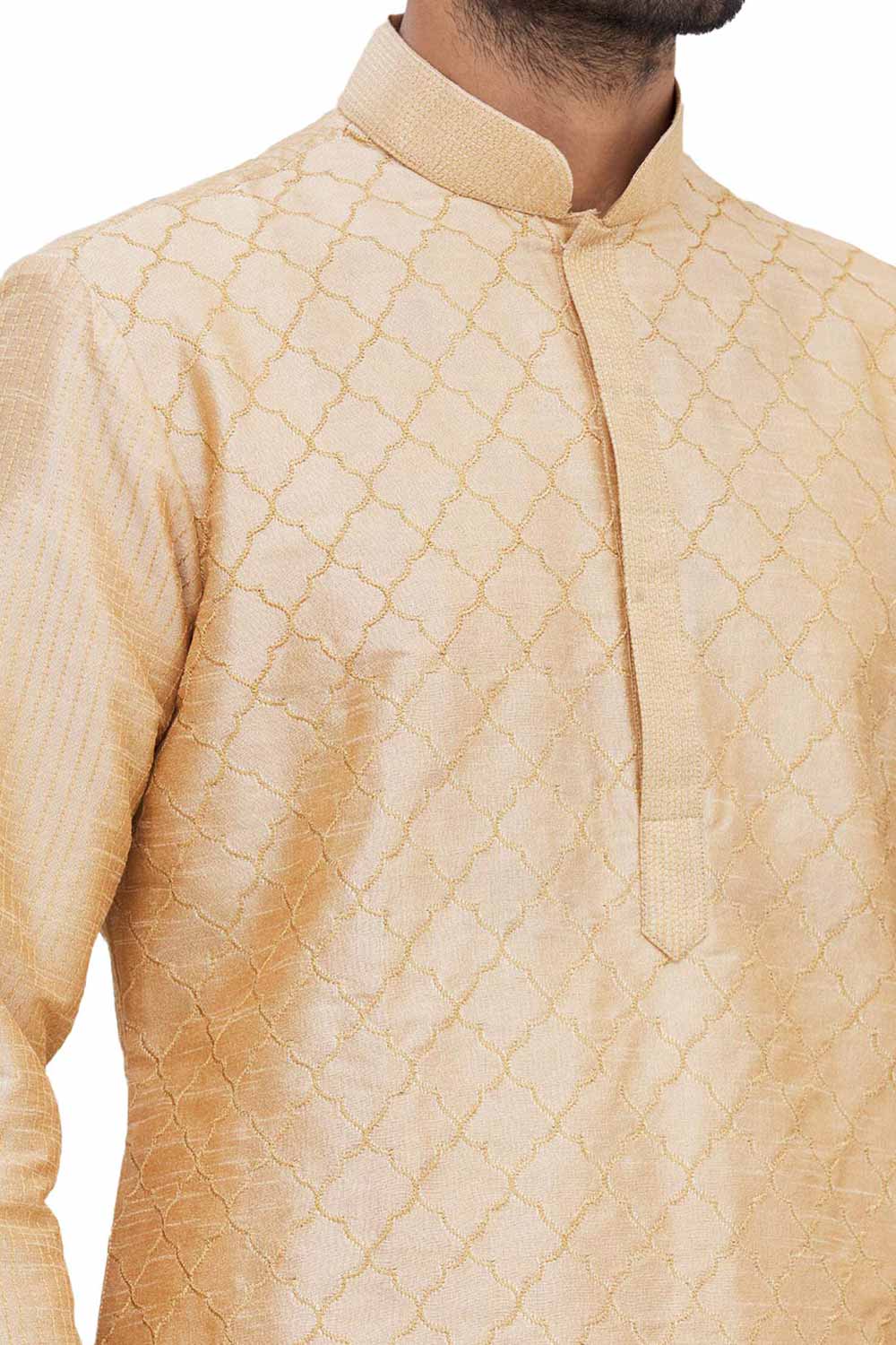 Men's Gold Silk Embroidered Full Sleeve Kurta Churidar