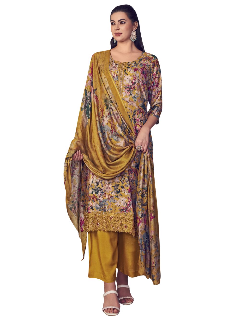 Mustard Pure Pashmina Digital Printed Dress Material