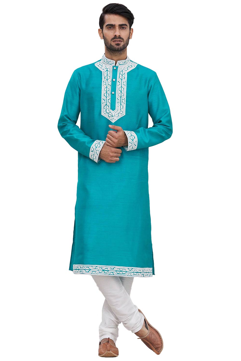 Men's Firozi Silk Embroidered Full Sleeve Kurta Churidar