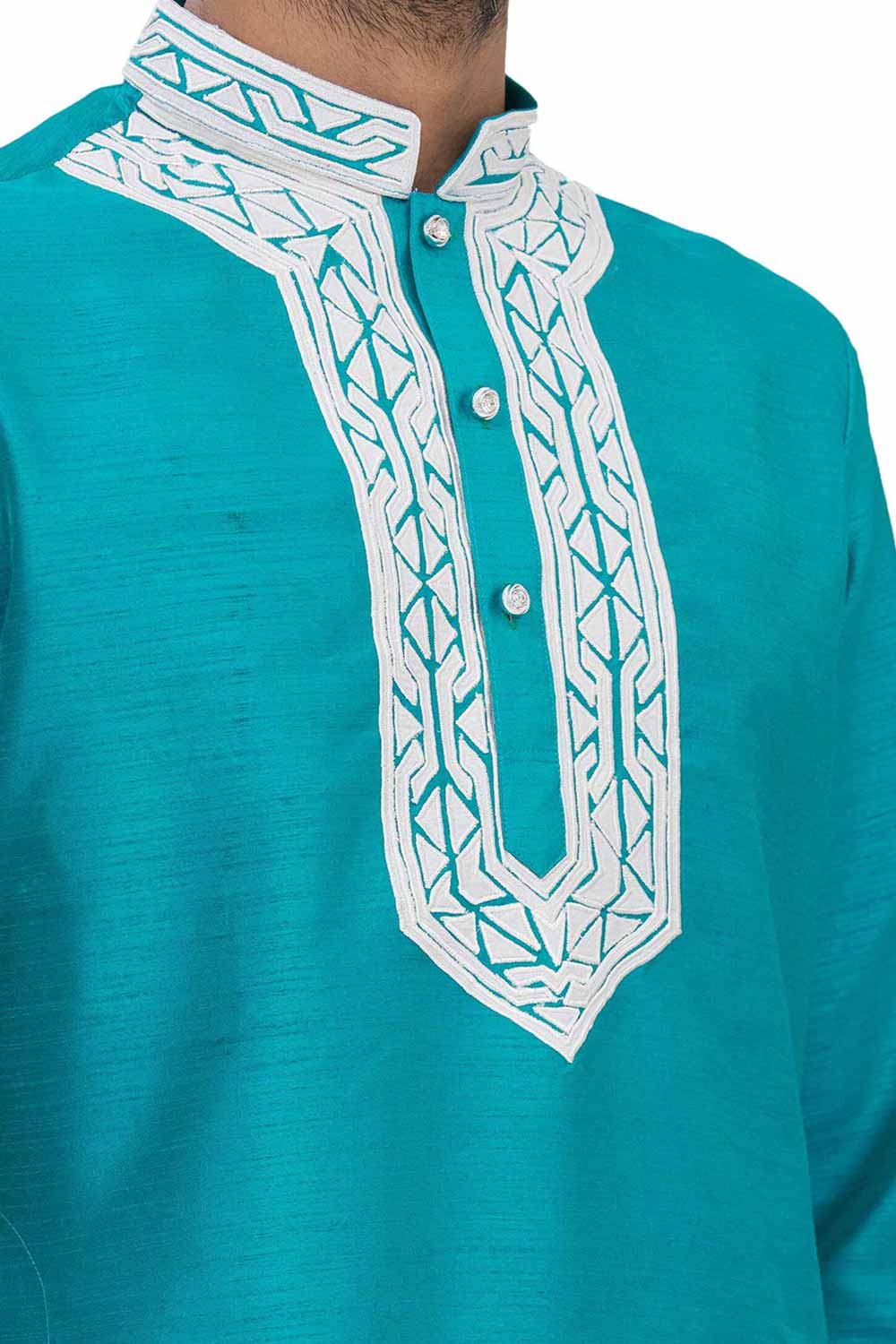 Men's Firozi Silk Embroidered Full Sleeve Kurta Churidar