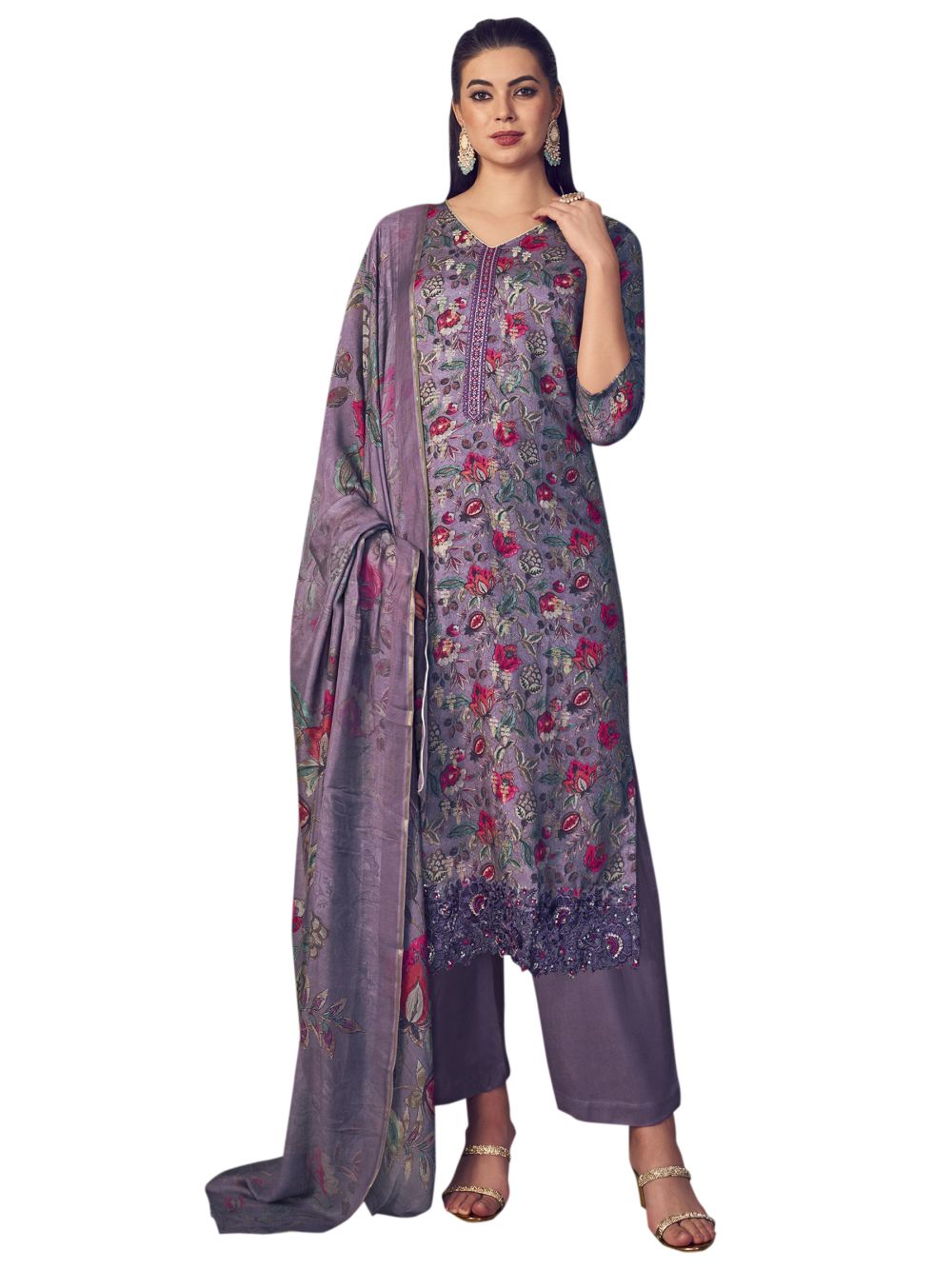 Purple Pure Pashmina Digital Printed Dress Material