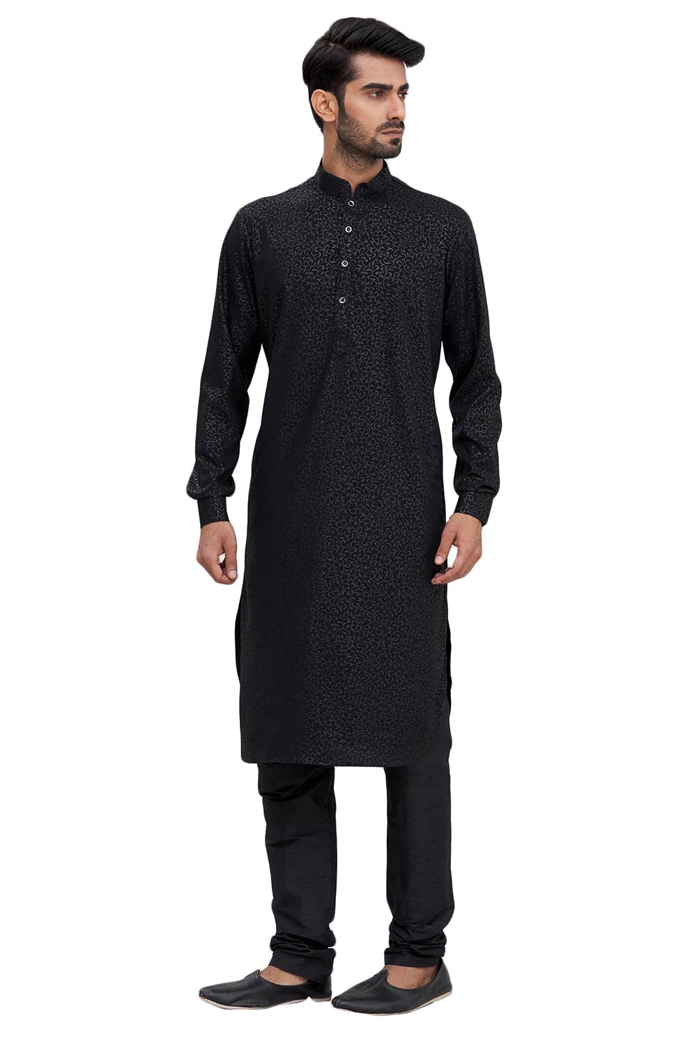 Men's Black Silk Embroidered Full Sleeve Kurta Churidar