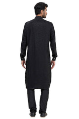 Men's Black Silk Embroidered Full Sleeve Kurta Churidar