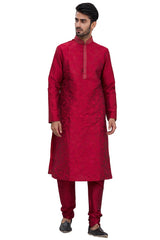 Men's Red Silk Embroidered Full Sleeve Kurta Churidar