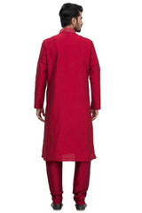 Men's Red Silk Embroidered Full Sleeve Kurta Churidar