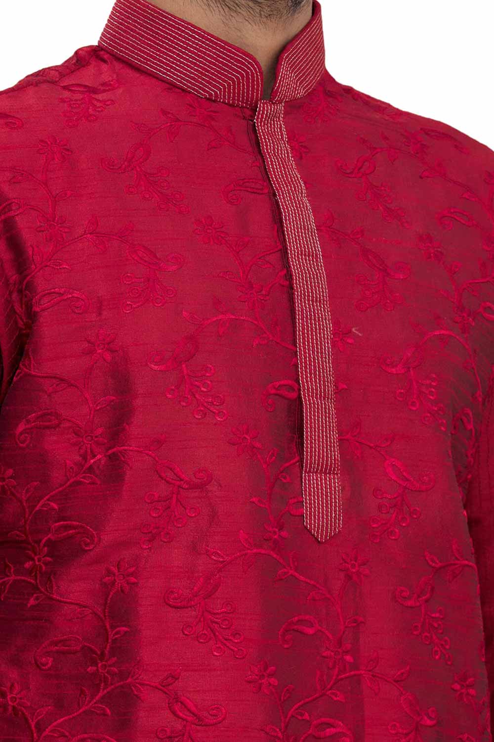 Men's Red Silk Embroidered Full Sleeve Kurta Churidar