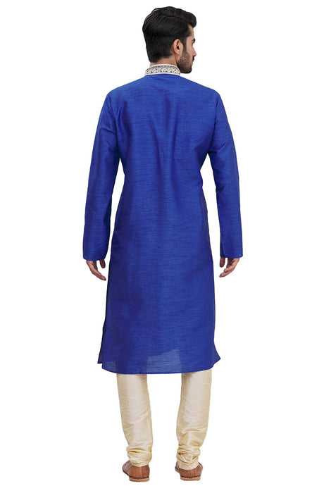 Men's Blue Cotton Embroidered Full Sleeve Kurta Churidar