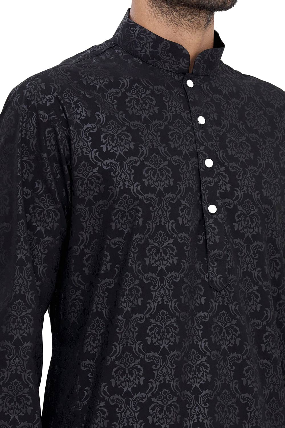 Men's Black Silk Embroidered Full Sleeve Kurta Churidar