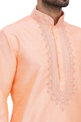 Men's Peach Silk Embroidered Full Sleeve Kurta Churidar