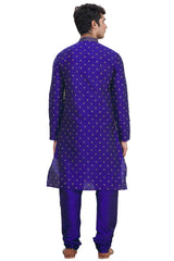 Men's Royal Blue Cotton Embroidered Full Sleeve Kurta Churidar