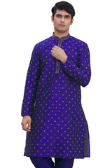 Men's Royal Blue Cotton Embroidered Full Sleeve Kurta Churidar