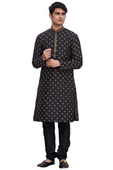 Men's Black Silk Embroidered Full Sleeve Kurta Churidar