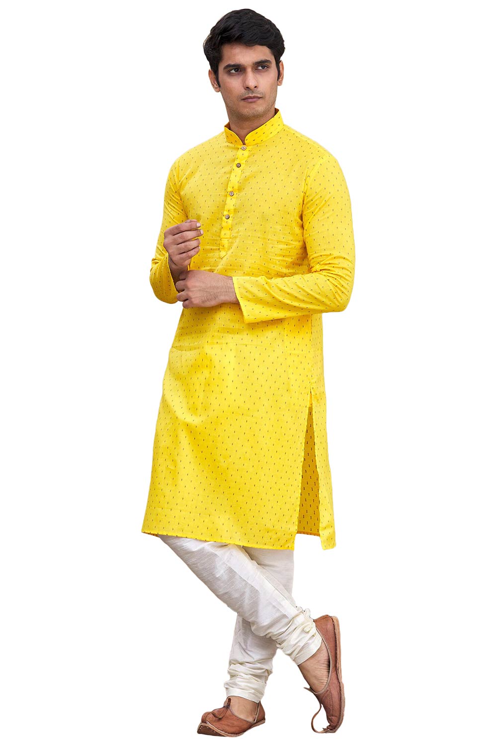 Men's Yellow Cotton Embroidered Full Sleeve Kurta Churidar