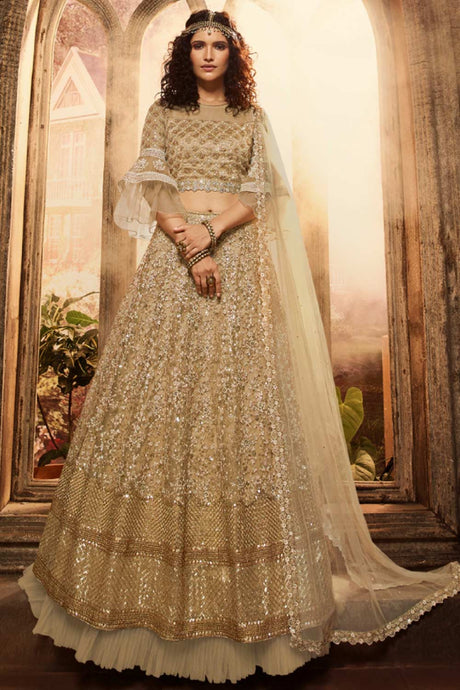 Buy Net Embroidered Lehenga Choli Dress Material in Beige Online