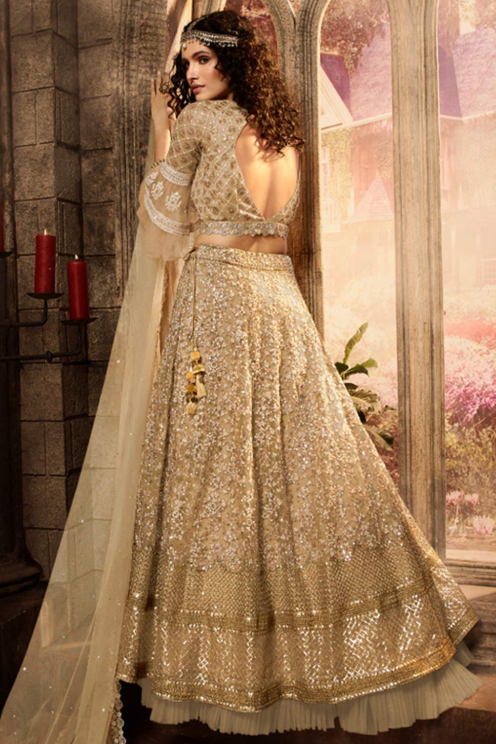 Buy Net Embroidered Lehenga Choli Dress Material in Beige - Front