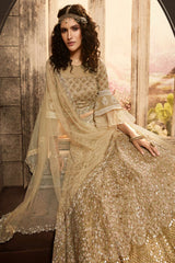 Buy Net Embroidered Lehenga Choli Dress Material in Beige - Side