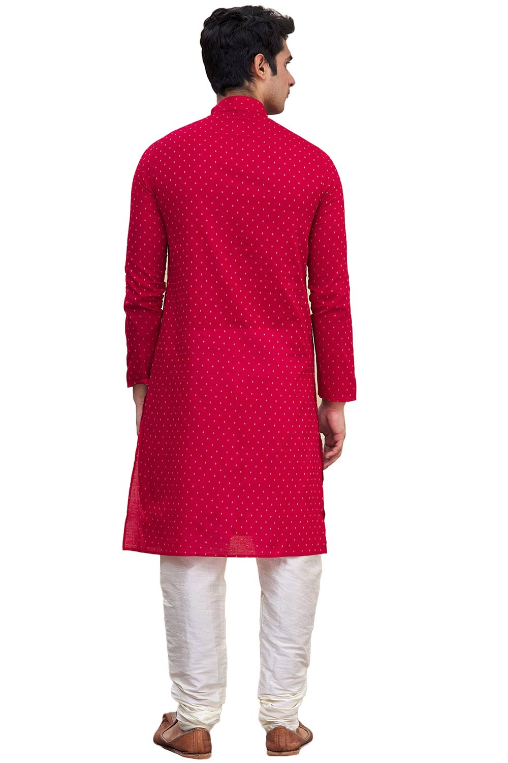 Men's Red  Silk Embroidered Full Sleeve Kurta Churidar