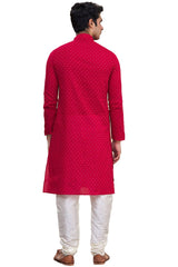 Men's Red  Silk Embroidered Full Sleeve Kurta Churidar