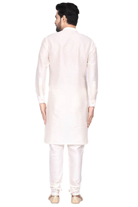 Men's Off White Silk Embroidered Full Sleeve Kurta Churidar