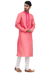 Men's Pink Cotton Embroidered Full Sleeve Kurta Churidar