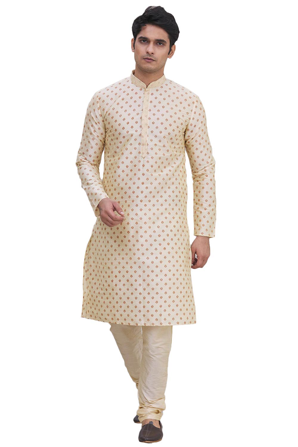 Men's Beige Cotton Embroidered Full Sleeve Kurta Churidar
