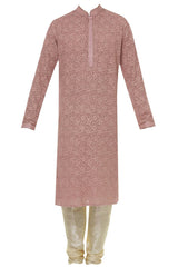 Men's Pink Cotton Embroidered Full Sleeve Kurta Churidar
