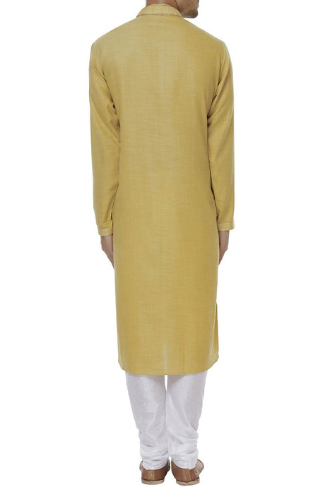 Men's Olive Cotton Embroidered Full Sleeve Kurta Churidar