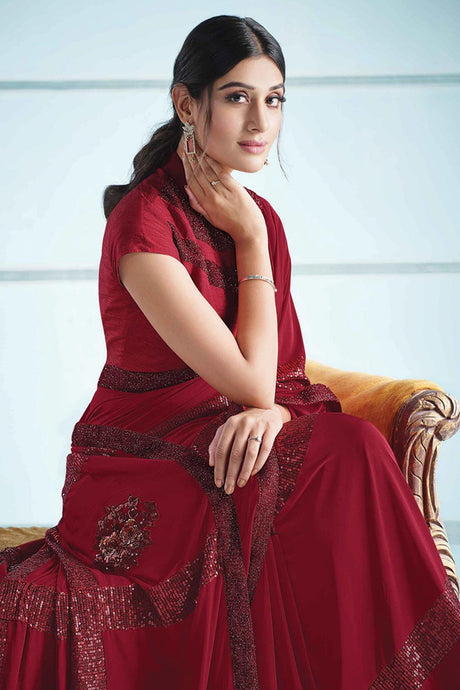 Red Lycra Embroidery, Sequence And Stone Saree