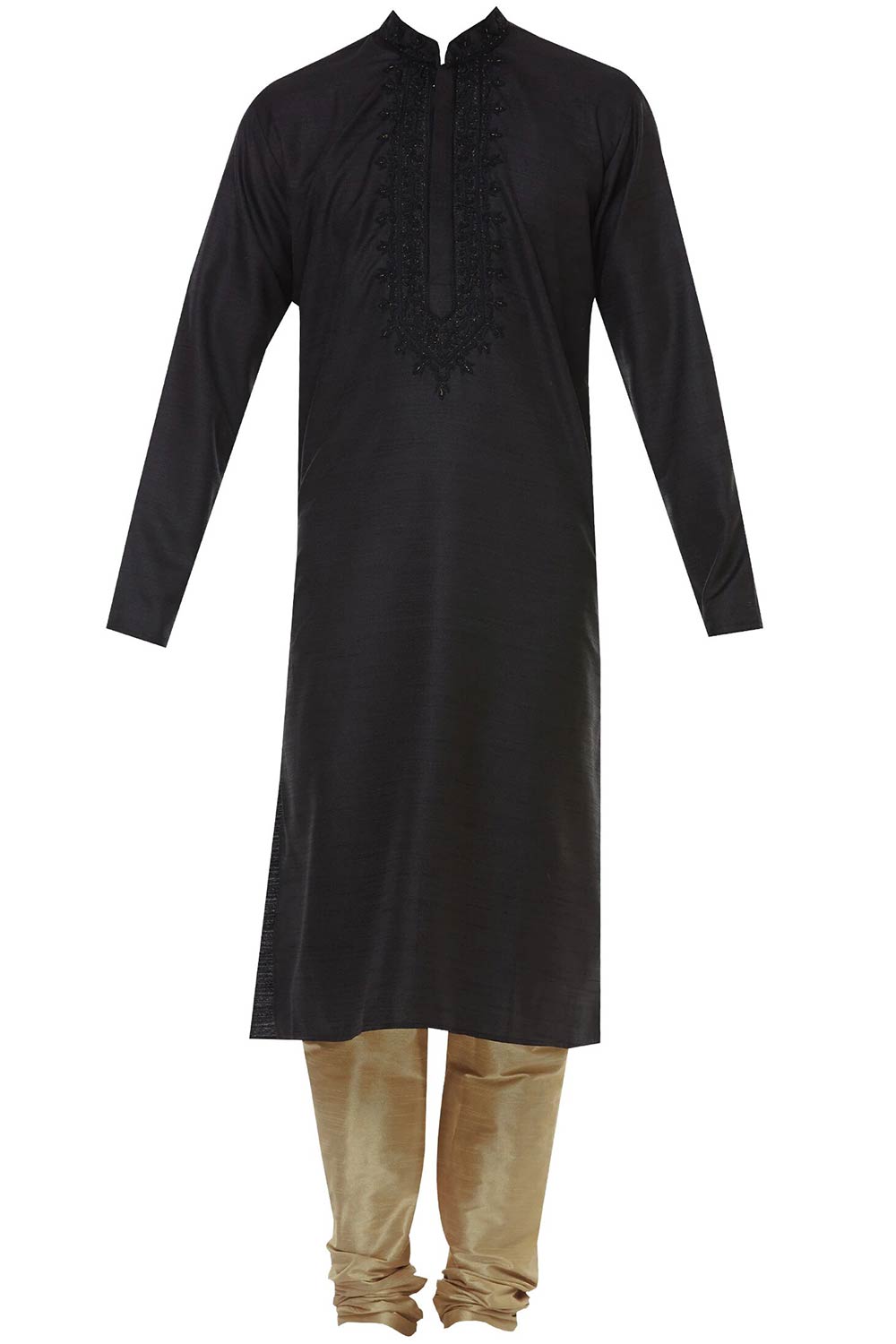 Men's Black Cotton Embroidered Full Sleeve Kurta Churidar