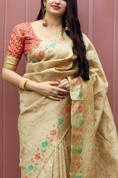 Buy Banarasi Art Silk Zari Woven Saree in Cream - Back