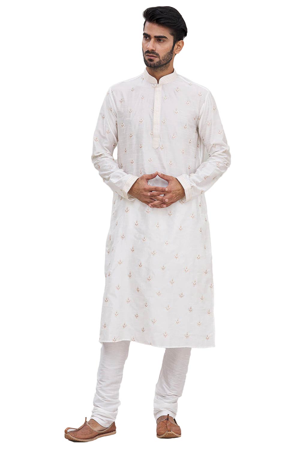 Men's Off White Cotton Embroidered Full Sleeve Kurta Churidar