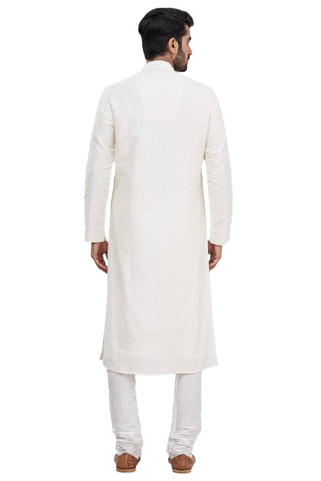 Men's Off White Cotton Embroidered Full Sleeve Kurta Churidar