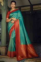 Pacific Blue Art Silk Woven Saree