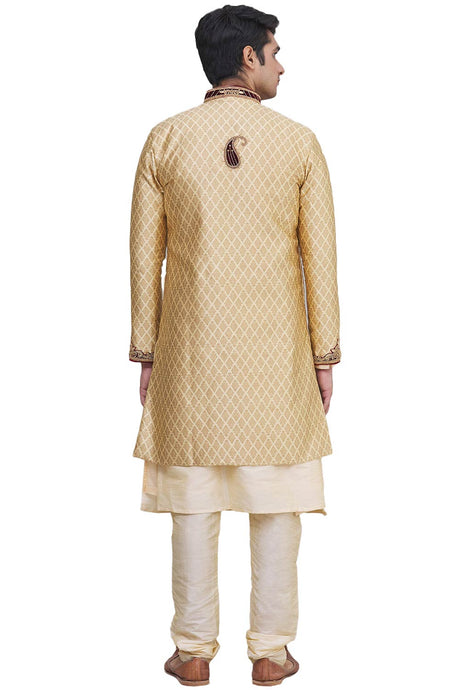 Men's Gold Silk Brocade Embroidered Full Sleeve Sherwani Set
