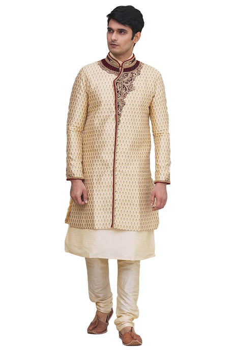 Men's Cream Silk Brocade Embroidered Full Sleeve Sherwani Set