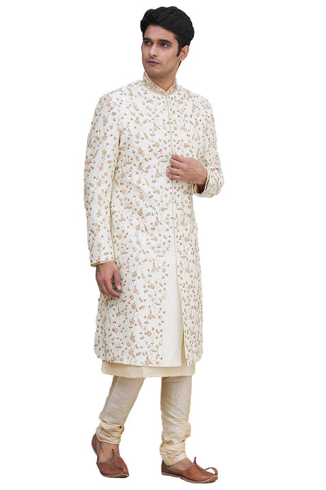 Men's Off White Silk Brocade Embroidered Full Sleeve Sherwani Set