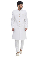 Men's Solid White Suiting Embroidered Full Sleeve Sherwani Set