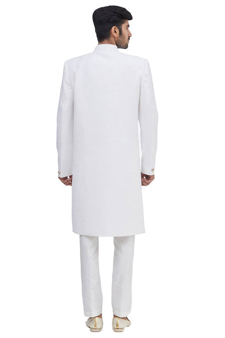 Men's Solid White Suiting Embroidered Full Sleeve Sherwani Set