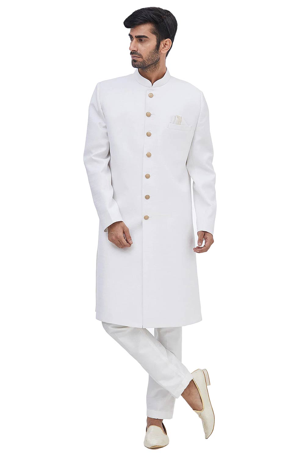 Men's Solid White Suiting Embroidered Full Sleeve Sherwani Set