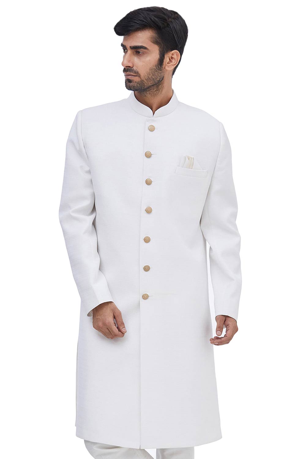 Men's Solid White Suiting Embroidered Full Sleeve Sherwani Set