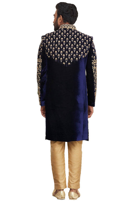 Men's Navy Blue Silk Embroidered Full Sleeve Sherwani Set