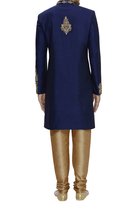 Men's Blue Silk Embroidered Full Sleeve Sherwani Set