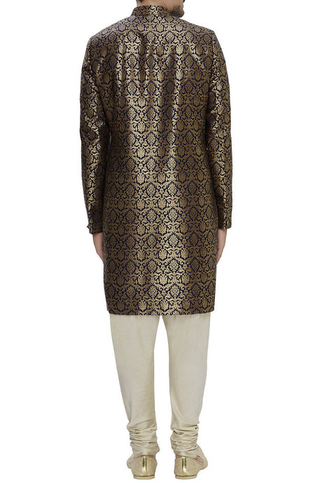 Men's Gold Brocade Silk Embroidered Full Sleeve Sherwani Set